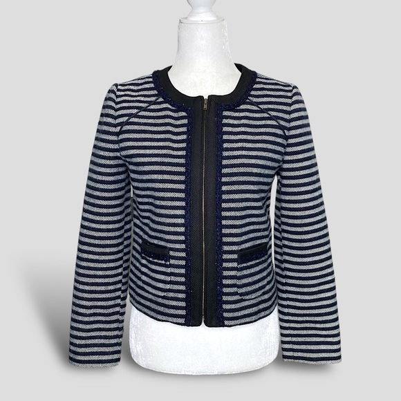 J Crew Women’s Zip Front Tweed Navy Striped Blazer Suit Jacket Academia Office - Picture 1 of 12